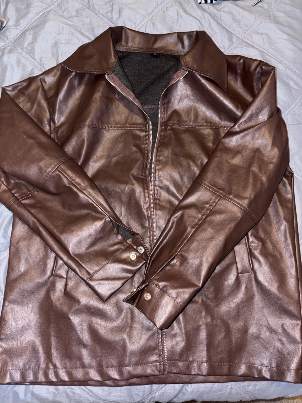 SHEIN Brown Faux Leather Zip Jacket